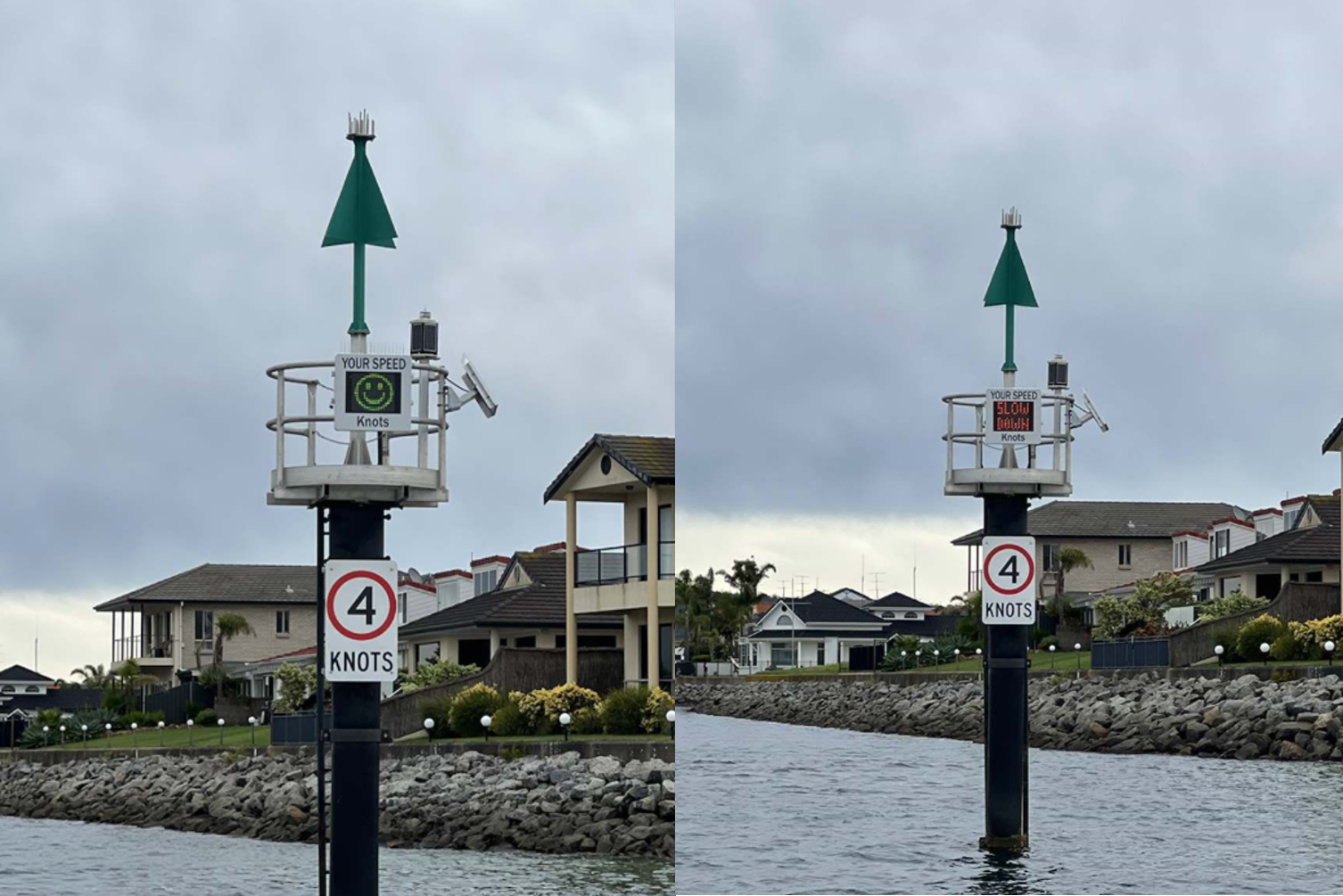 The image shows two side-by-side photographs of a speed monitoring beacon installed on a navigation marker in a residential waterfront canal. The marker consists of a tall black pole topped with a large green triangular navigation marker. Mounted below is an electronic speed display and a sign showing a speed limit of 4 knots.  In the left photograph, the electronic display shows a green smiling face, indicating that a vessel is travelling at or below the speed limit. In the right photograph, the display shows a warning message reading "SLOW DOWN", indicating that a vessel is exceeding the speed limit. The beacon is equipped with solar panels and monitoring equipment mounted around the display.  The canal is lined with rock embankments and waterfront homes. The images demonstrate how the speed monitoring beacon provides real-time feedback to boat operators to encourage safe speeds and reduce wash in the waterway.