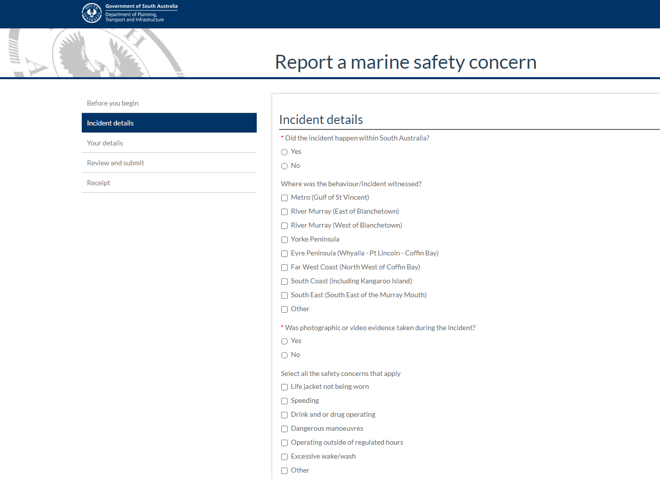 Report a marine safety concern web page