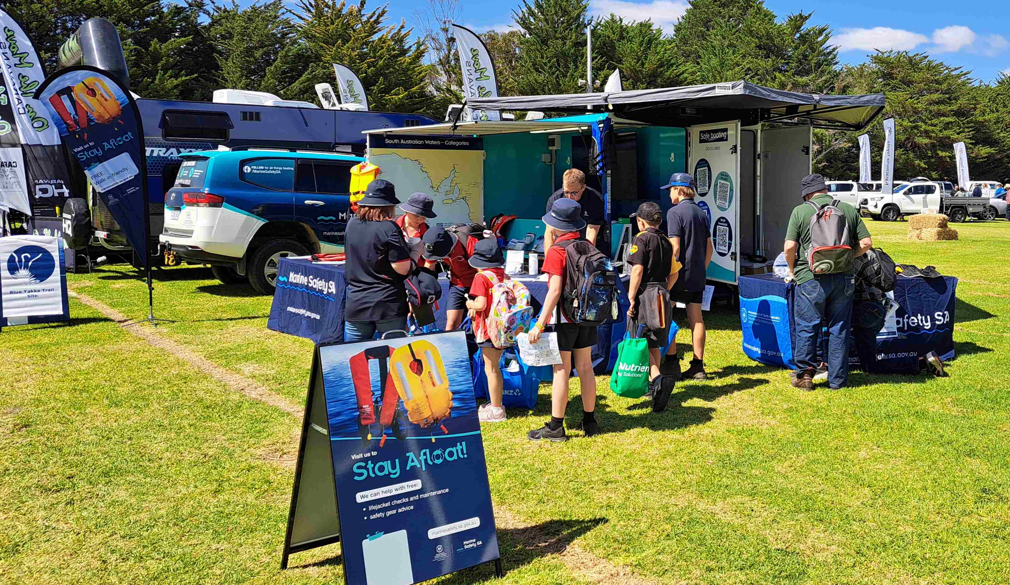 Pictured is our recent setup at the South East Field Day in Lucindale. We have our Stay Afloat Signs in front of all students learning about water safety.