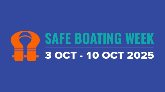 Blue background with the words Safe Boating Week 3 Oct - 10 Oct 2025 and a lifejacket