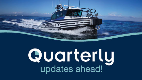 Marine Safety SA patrol vessel on water with the words quarterly editions ahead on a dark blue background