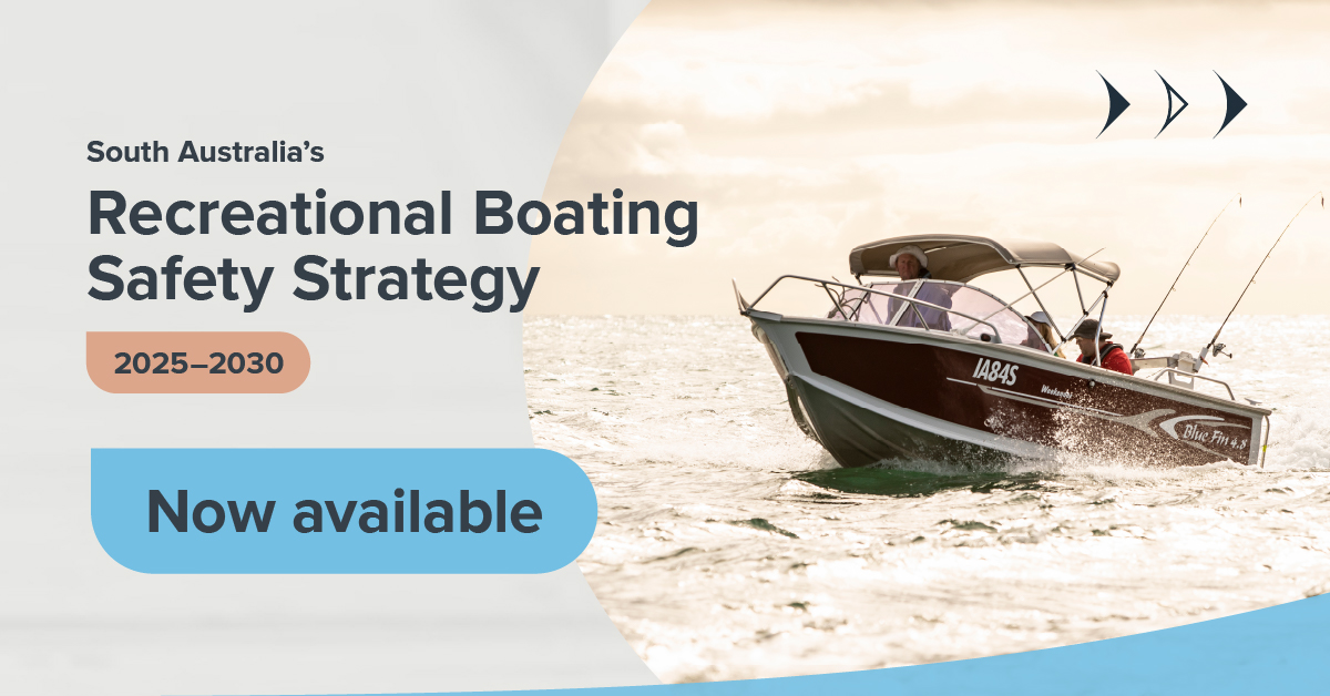 Boat on water with the text South Australia's Recreational Boating Safety Strategy 2025-2030 Now Available