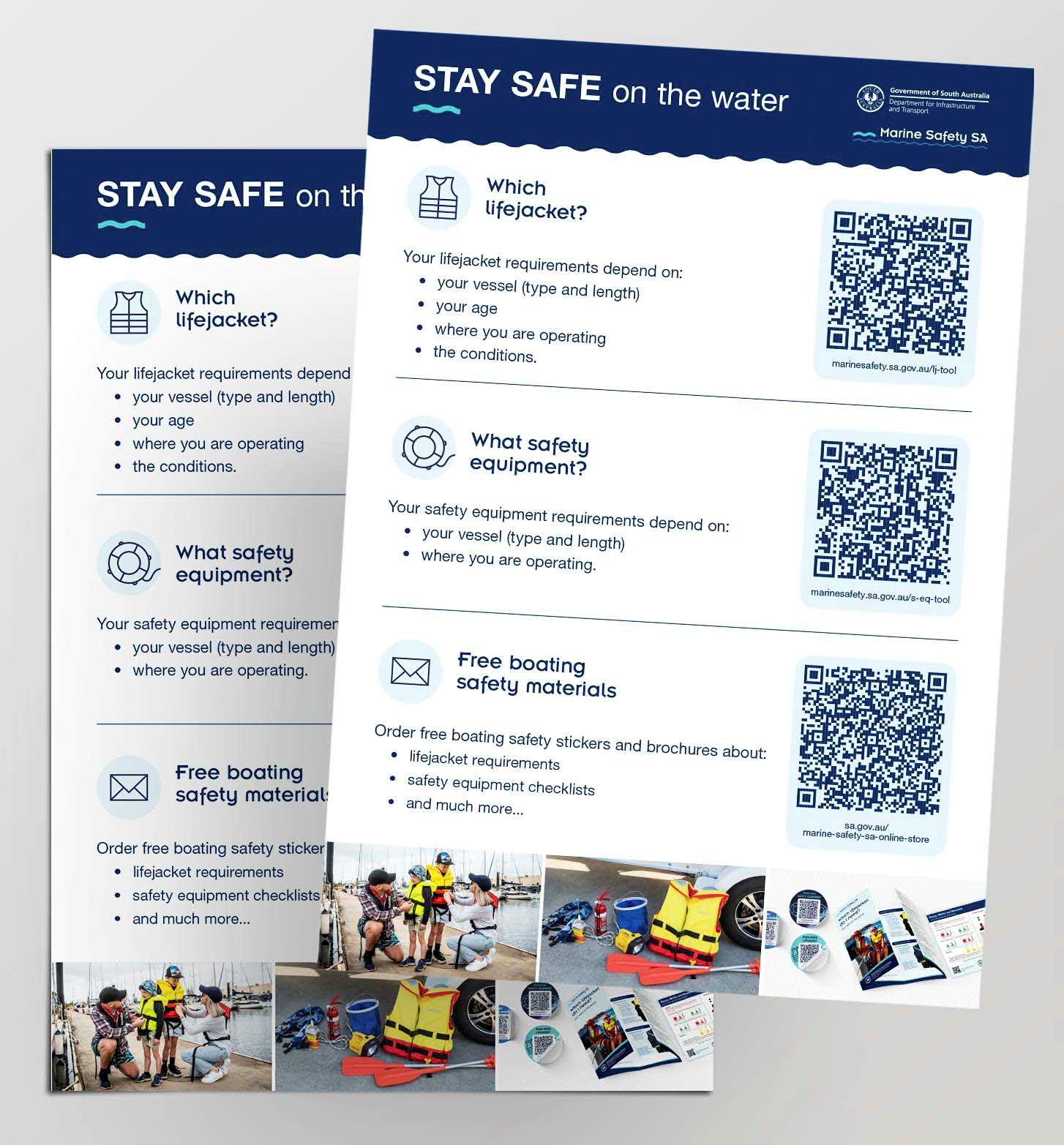 Two Marine Safety SA promotional posters are displayed against a light grey background. The posters feature a blue and white design with the heading &ldquo;STAY SAFE on the water&rdquo; and the South Australian Government and Marine Safety SA logos. Each poster contains three sections with QR codes linking to boating safety resources: &ldquo;Which lifejacket?&rdquo;, &ldquo;What safety equipment?&rdquo;, and &ldquo;Free boating safety materials.&rdquo; Brief text explains that lifejacket and safety equipment requirements depend on factors such as vessel type, age, operating area, and conditions. Along the bottom of the posters are photos showing lifejacket fitting, boating safety equipment, and educational materials. The image promotes access to boating safety information and free resources through QR codes.