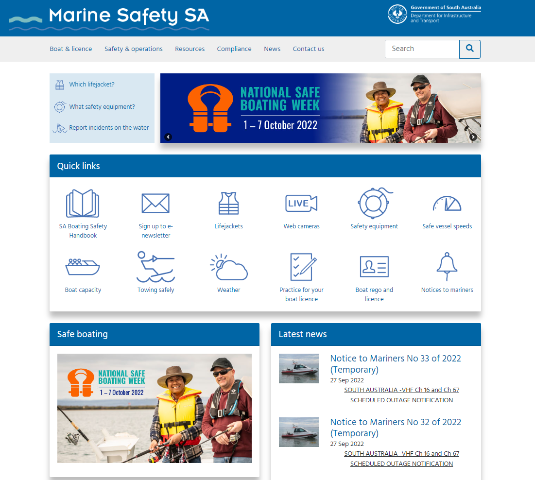 Home page of Marine Safety SA website