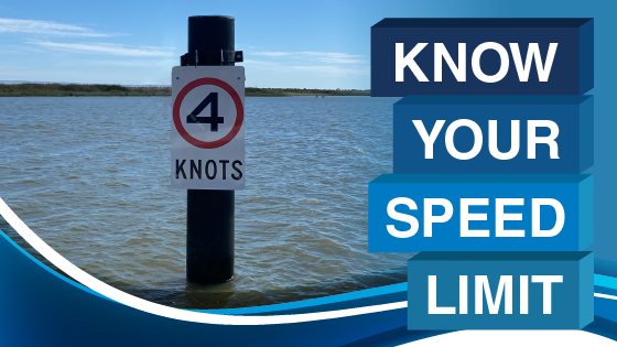 4 Knot sign on post in water with know your speed limit message in words next to it