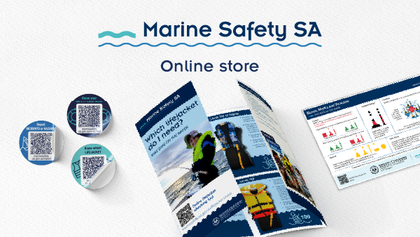 Marine Safety stickers. Photos showing three QR stickers, a which life jacket do i need? brochure and buoys marks and beacons