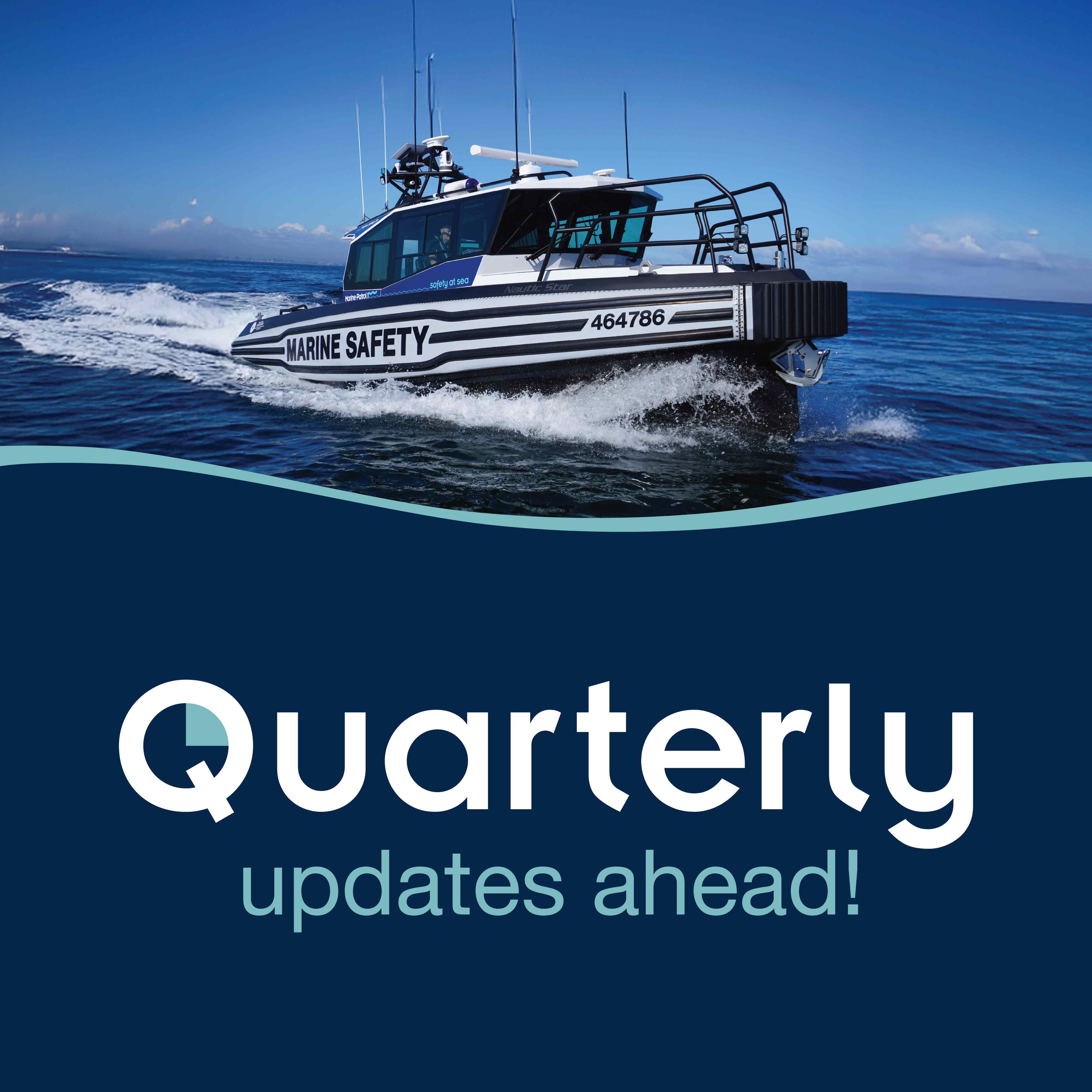 Marine Safety SA patrol vessel on water with the words quarterly editions ahead on a dark blue background