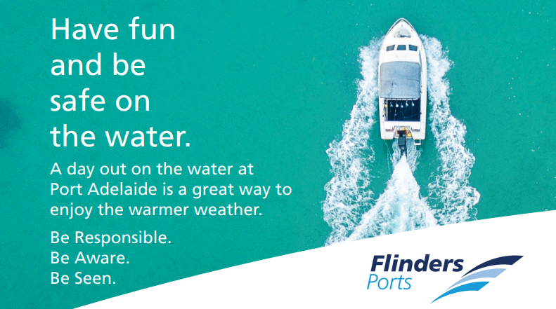 Flinders Ports promotion with boat on the water reminding people to have fun and be safe on the water