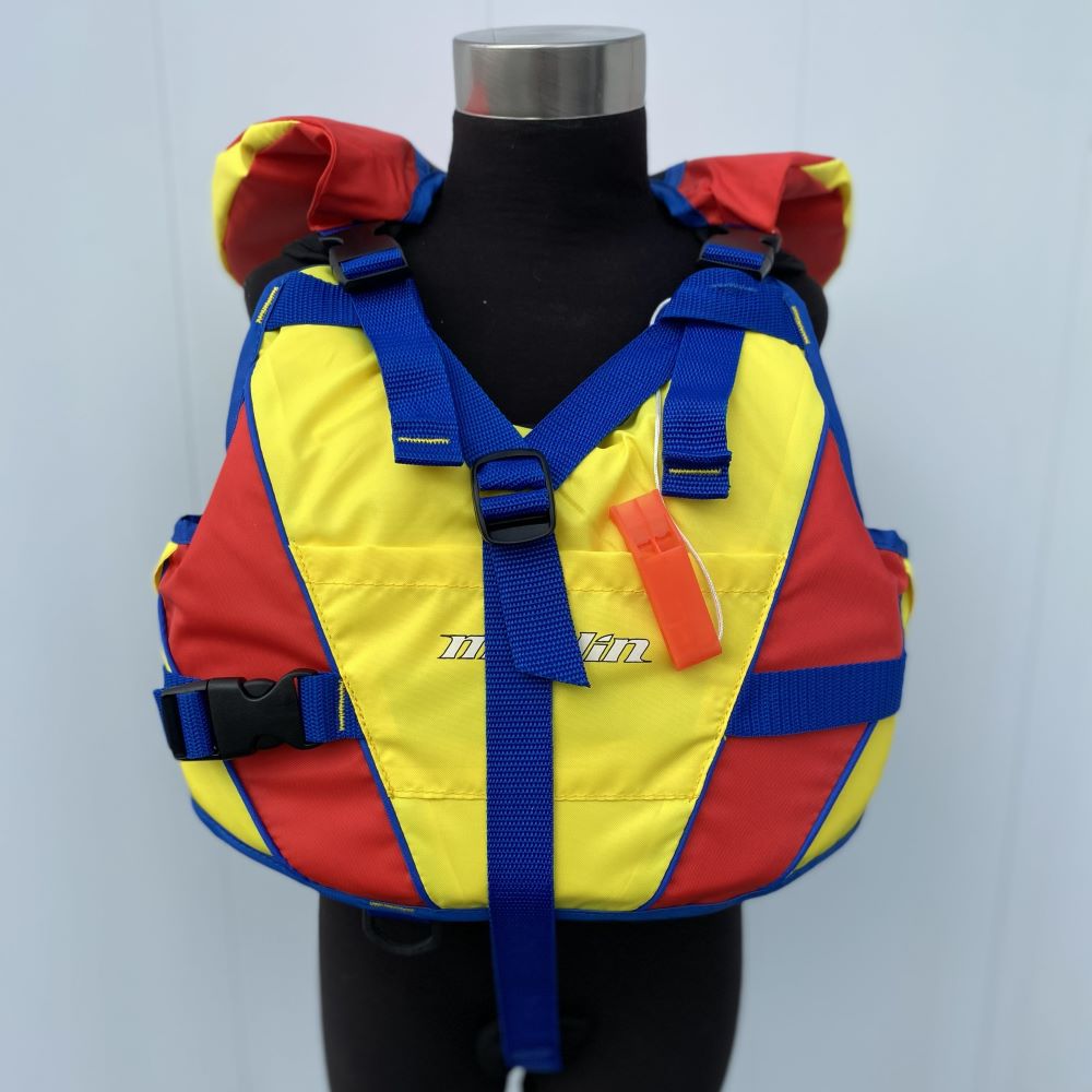 Blue and yellow infant swimming pool aid on a mannequin, shown as an item that is not a lifejacket.