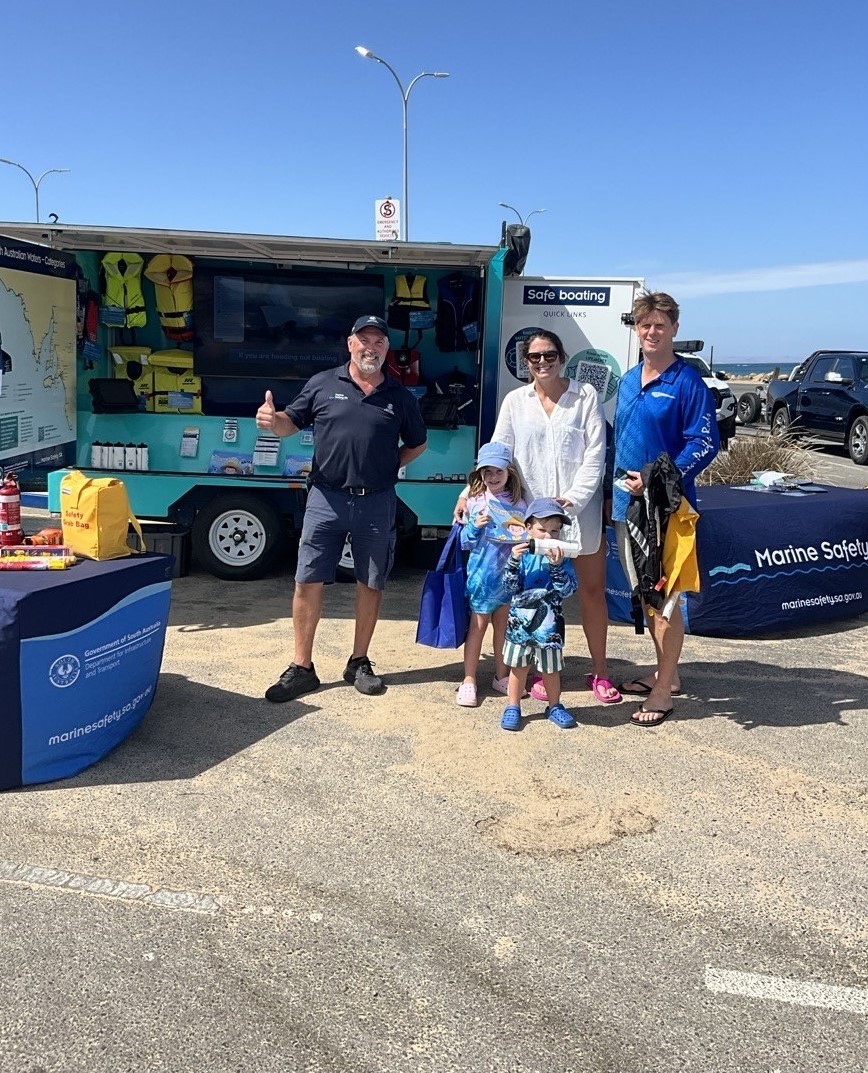 Pictured is one of our Marine Safety Officers at a Stay Afloat clinic at a boat ramp with a family with two kids. Was a sunny beautiful day with clear skies