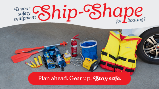 Is your safety equipment ship shape for boating? Plan ahead. Gear up. Stay safe promotional tile with boating safety equipment shown on the ground including paddles, flares, lifejacket, EPIRB, fire extinguisher, bucket, torch, lifejacket