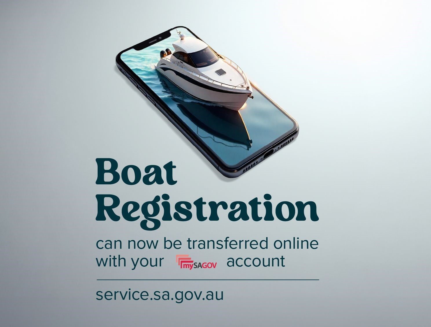 Pictured is a birds eye view of a 3D boat on top of a mobile phone referencing eligability to now transfer boat online through your MySaGov account.